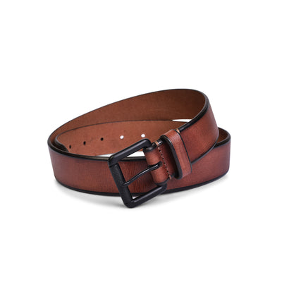 Belwaba Genuine Leather Brown Mens Belt With Black Coated Roller Buckle